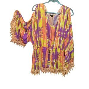 Urban Mangoz Top Womens XL Crochet Edges Tunic Boho Hippie 3/4 Sleeves‎ Mid Tie
